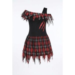 Girls Red Plaid Tattered Werewolf Costume Dress One Shoulder Claw Marks Sz M -10